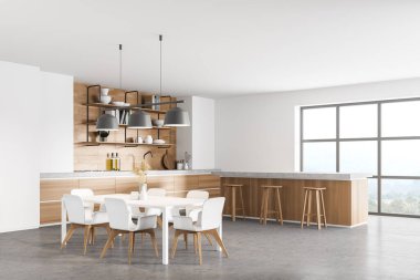 Pencerenin yanındaki 3 boyutlu modern mutfak. Ahşap tezgahlı yemek salonu. Beton zemin. Panoramik pencereler.