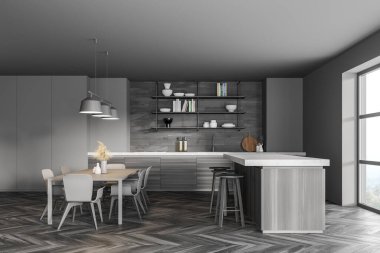 Pencerenin yanındaki karanlık modern mutfak. Masalı yemek salonu. Ahşap parke zemin. Panoramik pencere. 3d oluşturma