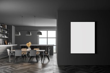 Karanlık, modern mutfak. Ahşap masalı yemek salonu. Ahşap parke zemin. Panoramik pencere. Duvara afiş asın. 3d oluşturma