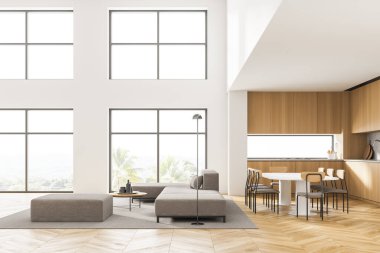 Gri kanepe, sehpa, ahşap sandalyeler ve yemek masası olan açık bir yer. Raflı mutfak seti, doğa manzaralı pencere, 3D görüntüleme