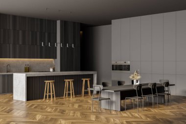 Koyu ahşap yemek odası, yemek masası, bar sandalyeleri ve kesim masası. Mutfak açık uzay odası, ahşap siyah set ve gri raf, 3D 'de insan yok.