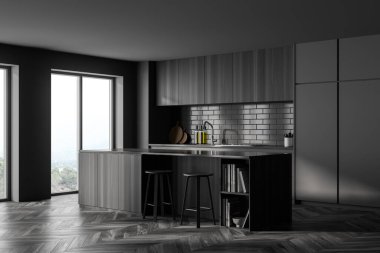 Gri mutfak odası, yemek masası ve bar sandalyeleri, parke zemin, yan manzara. Mutfak minimalist odası, pencereli, ahşap gri mobilya, 3 boyutlu, insan yok.