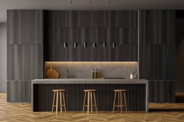 Siyah ve ahşap minimalist mutfak seti, ön manzara, parke zeminde bar sandalyeleri. Açık modern mutfakta masayı kesiyor, 3 boyutlu, insan yok.