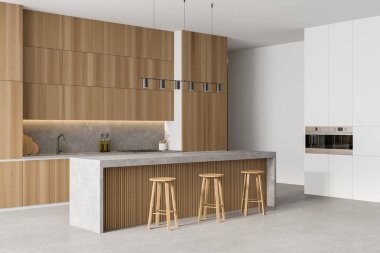 Hafif ahşap minimalist mutfak seti, yan görüş, mermer zeminde bar sandalyeleri. Açık modern mutfakta masayı kesiyor, 3 boyutlu, insan yok.