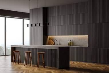 Siyah ve ahşap minimalist mutfak seti, yan görüş, parke zeminde bar sandalyeleri. Açık modern mutfakta masayı kesiyor, 3 boyutlu, insan yok.