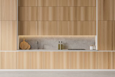 Raflı ve aletli yemek odası, ön manzara, gri zemin. Lavabosu ve arka ışığı olan minimalist modern mutfak, 3 boyutlu, kimseyi yansıtmıyor.