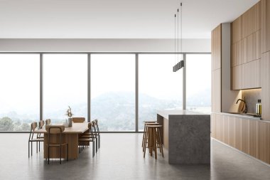 Gri ve ahşap minimalist mutfak seti, mermer zeminde bar sandalyeleri, doğa manzarası. Açık modern mutfakta masayı kesiyor, 3 boyutlu, insan yok.