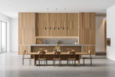 Yemek masası, sandalyeler, mermer zemin. Mutfak açık uzay odası, ahşap ışık seti, 3 boyutlu, kimseyi görüntülemeden.