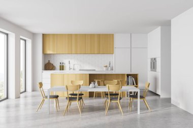 Mutfak seti ve gri zeminde yemek masası olan beyaz ve ahşap mutfak odası. Sandalyeli, raflı ve pencereli yemek masası, 3 boyutlu, kimseyi göstermiyor