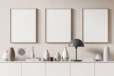 Modern iç plan ve oturma odasındaki duvarlara üç tane poster çerçevesi astım. Dolapta vazo lambası var. İskandinav tarzı. 3B görüntüleme.