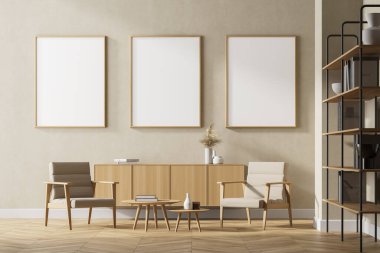 Modern iç planda duvarda üç tane poster çerçevesi var. Oturma odasında, dolapta vazolar, raflar. Koltuklar ve kahve masası. İskandinav tarzı. 3B görüntüleme.