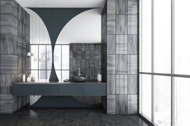 Karanlık ve fayanslı banyo, pencerenin yanında lavabo ve gökdelenler. Modern mobilyaları ve siyah zemini olan siyah minimalist bir oda. 3D, kimseyi göstermiyor.