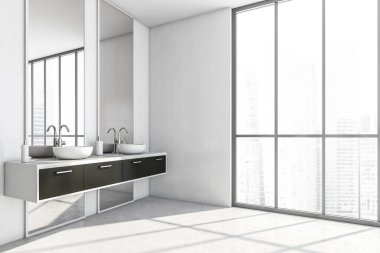 Beyaz banyo, iki lavabo ve siyah çekmeceler, yan görüş. Modern banyonun minimalist tasarımı mermer zeminli, 3D, kimseyi göstermiyor.