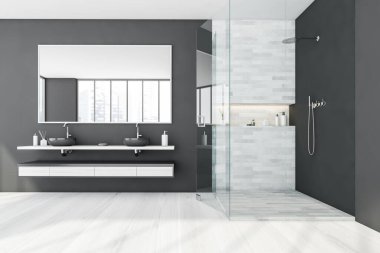 Cam duşlu banyo ve çekmeceli iki lavabo, büyük ayna. Minimalist modern lüks iç mekan, 3 boyutlu, kimseyi yansıtmayan