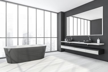 Siyah beyaz banyo, iki lavabo, yan görüş, büyük aynanın yanında siyah küvet. Modern banyonun minimalist tasarımı mermer zeminli, 3D, kimseyi göstermiyor.