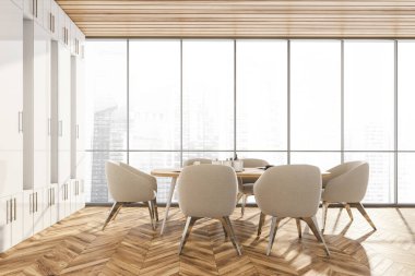 Şehir manzaralı ahşap yemek odası. Tabaklar ve altı sandalyeli yemek masası, yeni mobilyalarla dolu yemek odası, 3 boyutlu, insan yok.