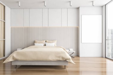 Beyaz ve ahşap yatak odasında pankart, parke zeminde yatak. Minimalist tasarımlı gardırop, 3 boyutlu, kimseyi yansıtmayan