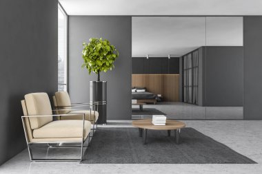 Gri mermer zeminde iki sandalye, gri halı zemininde bej koltuklar, mobilyalı uyku odası. Kitaplı ve bitkisel kahve masası, 3 boyutlu, insan içermiyor.