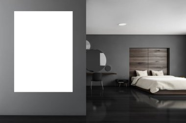 Karanlık uyku odasındaki fotokopi odası, siyah zeminli masa ve sandalye. Yatak odasının minimalist tasarımı, sehpalı, 3 boyutlu, kimseyi göstermiyor.