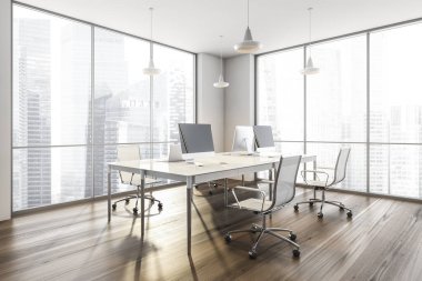 Beyaz ve ahşap danışmanlık bürosunun içinde beyaz koltuklar, bilgisayarlı masa ve şehir manzaralı pencereler. Parke üzerinde mobilya olan yönetici odası, 3 boyutlu, kimseyi göstermiyor.