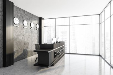 Gri mermer zeminde gri giriş odası, yan görüş, duvarda saatler. Şehir manzaralı, tablolu ve tabelalı bir işletme. 3 boyutlu, kimseyi göstermiyor.