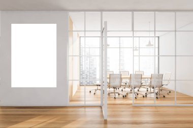 Beyaz koltukları ve ahşap masası olan ahşap konferans odasında bir model. Ofis minimalist iç mekan, cam kapılar, ön manzara, 3D, kimseyi yansıtmıyor