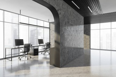 Ofis salonu ve koridor, siyah koltuklar ve bilgisayarlarla mermer danışmanlığı. Mobilyalı gri ofis, yan görüş, 3 boyutlu görünüm, insan yok.