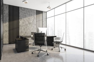 Siyah koltuklu gri yönetim odası ve bilgisayarlı masa, yan görüş. Ofis minimalist mobilyalar, iş yerindeki pencerenin yanında, 3D, kimseyi göstermiyor.