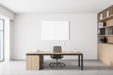 Modern ofis içi. Duvarda beyaz poster var. Model yap. CEO masası. Şehir manzarası, panoramik pencere. 3d oluşturma.