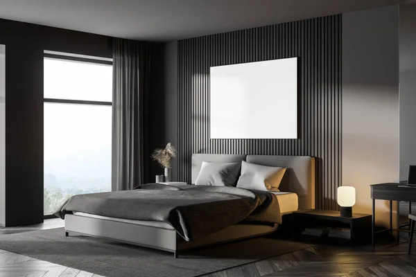 Dark bedroom interior with wooden parquet, a large window, a gray bed and two bedside tables. A cabinet with mirror. White poster on wall. 3d rendering mock up