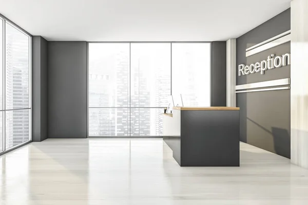 Grey and wooden reception room with two computers, side view. Entrance business interior with table and sign, side view. 3D rendering no people