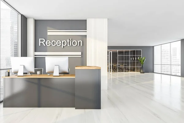 Grey and wooden reception room and conference room on background. Entrance business interior with table and sign and conference room, 3D rendering no people