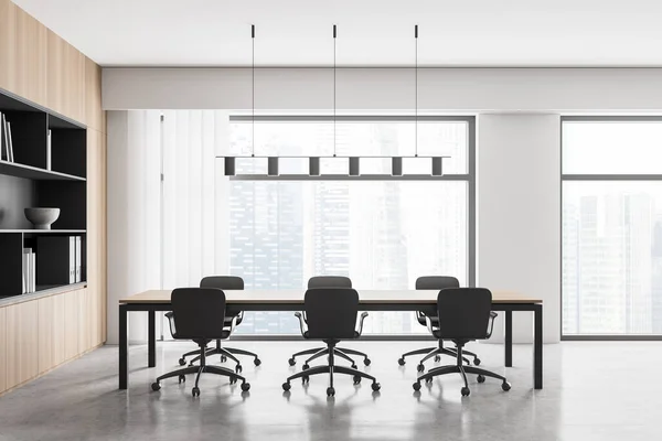 Modern office interior. Conference table. City view, panoramic window. 3d rendering