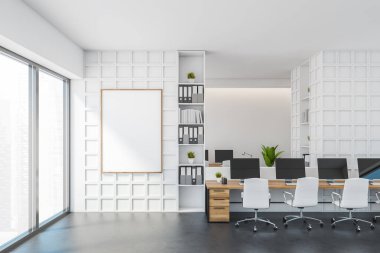 Ofisin iç kısımlarında masa, deri koltuklar, bilgisayarlar ve raflar. Şehir manzaralı mermer zemin ve pencere, 3 boyutlu, kimseyi göstermiyor