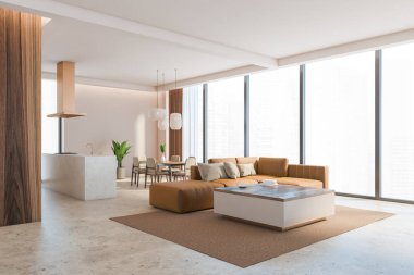 Açık uzay ev içi, kahverengi kanepe halıda, mermer zemin. Mutfak seti, musluk ve kaput, sandalyeli yemek masası, gökdelenlerin şehir manzarası, 3D 'de insan yok.