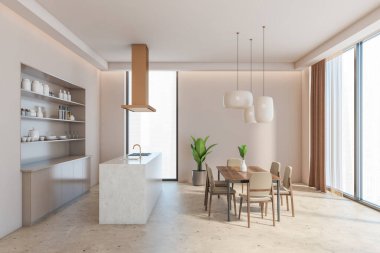 İçi ahşap yemek masası ve altı sandalyeyle dolu açık uzay yemek odası. Lavabo ve soba, mutfak gereçleri ve 3 boyutlu raflar.