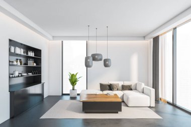 Açık ev içi, beyaz kanepe halıda, gri zemin. Mutfak gereçleri, kahve masası ve gökdelenlere şehir manzaralı mutfak rafları.