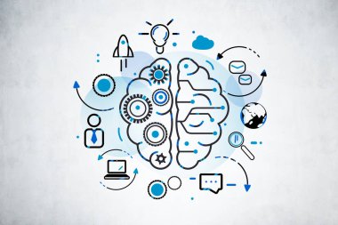 İnsan beyninin mavi ve siyah çizimi, ofis odasındaki beton duvardaki çizim. Ampul, mesajlar ve toprak küre sembolü. Başlangıç kavramı ve yeni fikirler, beyin fırtınası