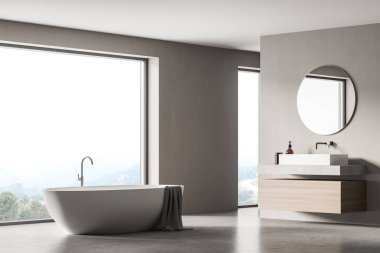 Modern banyo içi lavabo ve pencerenin yanındaki beyaz küvet eko minimalist tarzda. İnsan yok. 3B Hazırlama