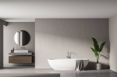 Lavabo ve beyaz küvetli modern banyo. Eko minimalist tarzda. İnsan yok. 3B Hazırlama Biçimi