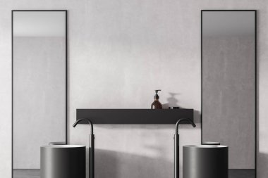 Dikdörtgen dikdörtgen aynalı iki mermer lavabo, beton duvarlı eko minimalist tarzda modern banyo. İnsan yok. 3B Hazırlama