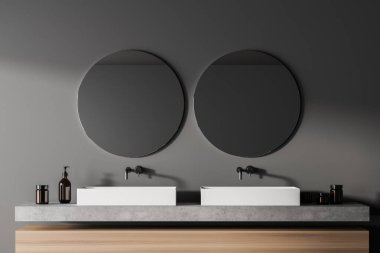Modern banyo iç mimarisi, eko minimalist tarzda çift lavabo, iki yuvarlak ayna. Kapatın. İnsan yok. 3B Hazırlama