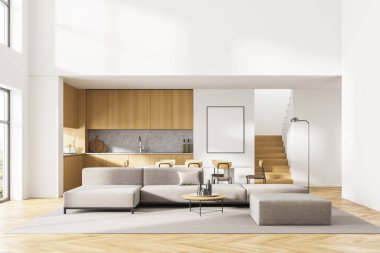 Duvarda beyaz poster var. Oturma odasının lüks ve modern iç mekanı. Yemek masası olan mutfak alanı. Merdiven ikinci kata. Dairenin ortasında kocaman bir kanepe. 3 boyutlu görüntüleme. Model.