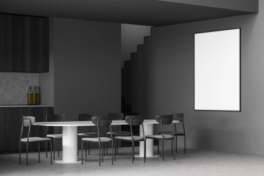 Gri ve ahşap minimalist mutfak, yan manzara, sandalyeli yemek masası ve merdivenler. Modern mutfakta yemek masası, 3 boyutlu, insan yok.