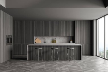 Gri parke zemininde gri minimalist mobilyalar olan gri yemek odası. Modern yemek odası ve pencere, doğa manzaralı, 3 boyutlu, insan yok.