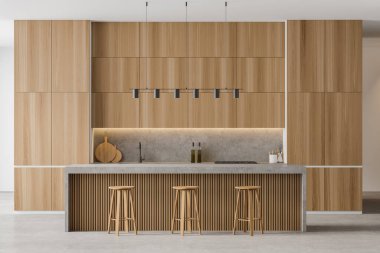 Hafif ahşap minimalist mutfak seti, ön manzara, mermer zeminde bar sandalyeleri. Açık modern mutfakta masayı kesiyor, 3 boyutlu, insan yok.