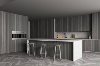 Parke zemininde gri minimalist mobilyaları olan gri yemek odası, yan manzara. Modern yemek odası ve mutfak gereçleri fırınlı, 3 boyutlu, kimseyi göstermiyor.