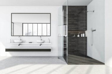 Cam duşlu banyo ve çekmeceli iki lavabo, büyük ayna. Minimalist, hafif, lüks iç mekan, 3D, insan yok.