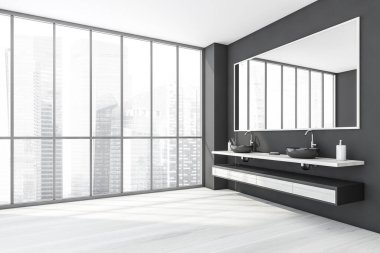 İki lavabosu ve siyah çekmecesi olan açık renk banyo, yan görünüş, büyük ayna. Modern banyonun minimalist tasarımı mermer zeminli, 3D, kimseyi göstermiyor.