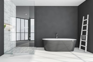 Gri küvetli minimalist banyo odası. Beyaz merdiven ve havluyla modern minimalist iç mekan, mermer zemin, 3D, kimseyi göstermiyor.